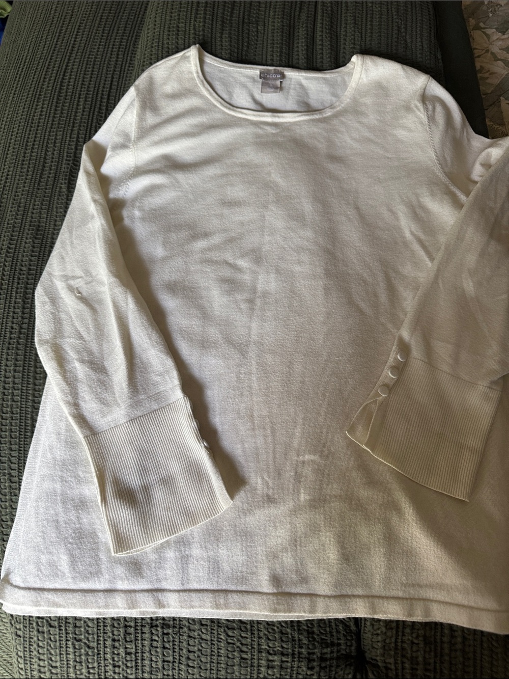 Chico's Cream Long Sleeve Knit Top with Button Cuffs